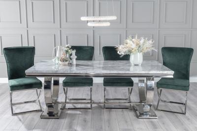 Product photograph of Glacier Marble Dining Table Set Rectangular Grey Top And Ring Chrome Base With Lyon Green Fabric Chairs from Choice Furniture Superstore