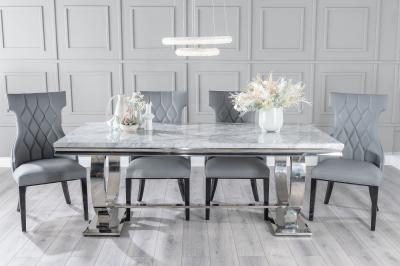 Image of Glacier Grey Marble and Chrome Dining Set - Mimi Grey Faux Leather Chairs