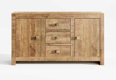 Dakota Mango Wood Sideboard, Indian Light Natural Rustic Finish, 135cm Medium Cabinet - 2 Door with 3 Drawers