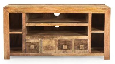 Product photograph of Clearance - Dakota Mango Wood Tv Unit Indian Light Natural Rustic Finish Medium Cabinet 110cm Stand Upto 43in Plasma Tv - 4 Drawer from Choice Furniture Superstore