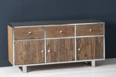 Railway Sleeper 3 Door Large Sideboard with Glass Top, 150cm Large Cabinet, with Stainless Steel Trim, Made from Reclaimed Wood