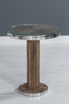 Railway Sleeper Side Table with Glass Top, Round Column Base, Made from Reclaimed Wood and Steel Trim