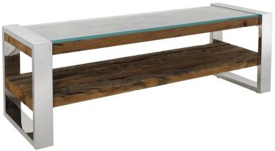 Railway Sleeper TV Bench with Glass Top, 120cm Open TV Unit, Stand Upto 50in Plasma, Made from Reclaimed Wood