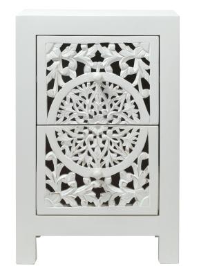 Product photograph of Boho White Carved Wooden Bedside Cabinet - 2 Drawers from Choice Furniture Superstore