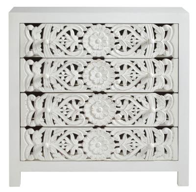 Boho White Carved Wooden 4 Drawer Chest