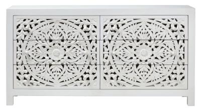 Boho White Carved Wooden 6 Drawer Chest