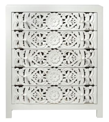 Boho White Carved Wooden 5 Drawer Tall Chest