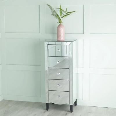 Product photograph of Venetian Mirrored 5 Drawer Narrow Chest - Tallboy With Black Legs from Choice Furniture Superstore