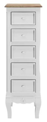 Fleur French Style White Shabby Chic 5 Drawer Narrow Tall Chest - Made in Solid Mango Wood