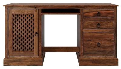 Maharani Sheesham Computer Desk, Indian Wood, Double Pedestal, Lattice Jali Design - Filing Cabinet 1 Door with 3 Drawers