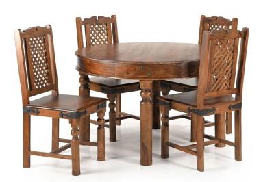 Maharani Sheesham Dining Table Set for 4 Diners 120cm Round Indian Wood Top with 4 Turned Legs - 4 Chairs