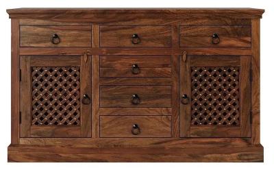 Maharani Sheesham Sideboard, Indian Wood, 135cm Medium Cabinet, Lattice Jali Design - 2 Door with 6 Drawers