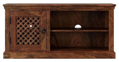 Maharani Sheesham TV Unit, Indian Wood, Small Cabinet 115cm, Stand Upto 40in Plasma TV, Lattice Jali Design - 1 Door with 1 Shelf