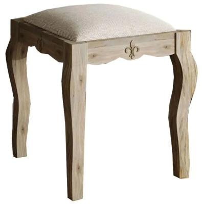 Fleur French Style Washed Grey Padded Dressing Stool - Made in Solid Rustic Mango Wood
