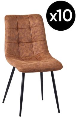 Set Of 10 Corona Dining Chairs In Brown Colour Leather Look Fabric Fabric And Black Metal Legs