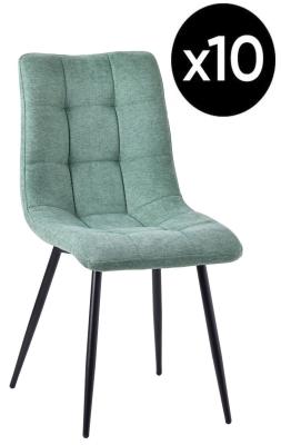 Set Of 10 Corona Dining Chairs In Green Colour Fabric And Black Metal Legs