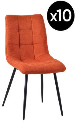 Set Of 10 Corona Dining Chairs In Orange Colour Fabric And Black Metal Legs