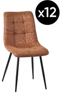 Set Of 12 Corona Dining Chairs In Brown Colour Leather Look Fabric And Black Metal Legs