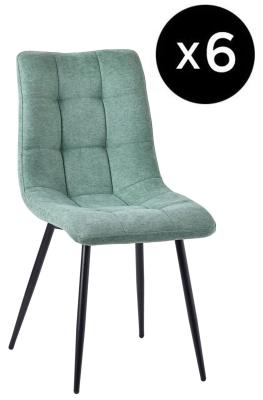 Set Of 6 Corona Dining Chairs In Green Colour Fabric And Black Metal Legs