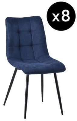 Set Of 8 Corona Dining Chairs In Blue Colour Fabric And Black Metal Legs