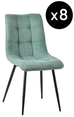 Set Of 8 Corona Dining Chairs In Green Colour Fabric And Black Metal Legs