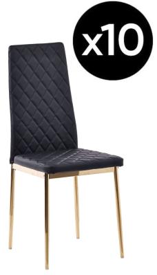 Set Of 10 Metro Dining Chairs In Black Colour Faux Leather And Gold Metal Legs