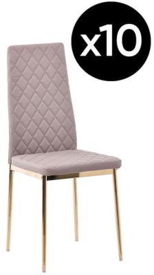 Set Of 10 Metro Dining Chairs In Cappuccino Colour Faux Leather And Gold Metal Legs