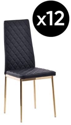 Set Of 12 Metro Dining Chairs In Black Colour Faux Leather And Gold Metal Legs