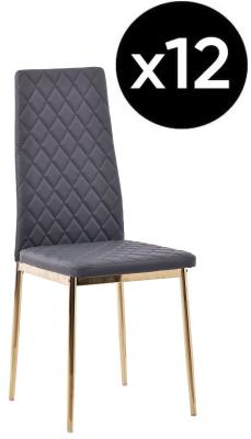 Set Of 12 Metro Dining Chairs In Grey Colour Faux Leather And Gold Metal Legs