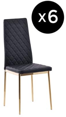 Set Of 6 Metro Dining Chairs In Black Colour Faux Leather And Gold Metal Legs