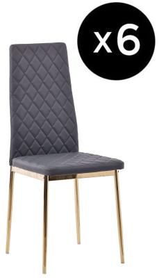 Set Of 6 Metro Dining Chairs In Grey Colour Faux Leather And Gold Metal Legs