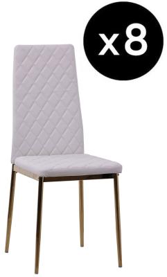 Set Of 8 Metro Dining Chairs In White Colour Faux Leather And Gold Metal Legs