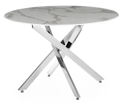 Chopstick 110cm White And Chrome Round Dining Table Marble Effect Top