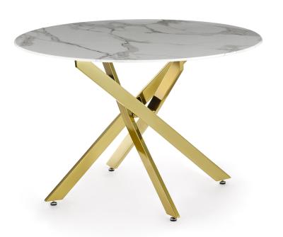 Chopstick 110cm White And Gold Round Dining Table Marble Effect Top