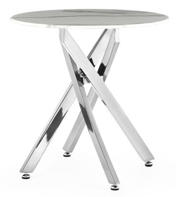 Chopstick White And Chrome Round Side Table 55cm Marble Effect Top