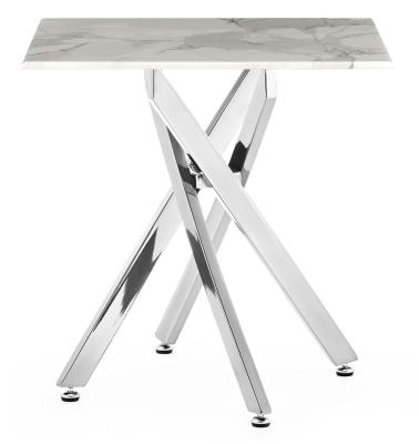 Chopstick White And Chrome Square Side Table 55cm Marble Effect Top