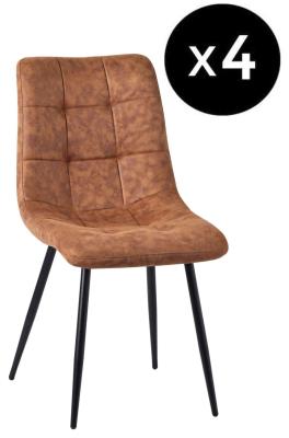 Set Of 4 Corona Dining Chairs In Brown Colour Leather Look Fabric And Black Metal Legs