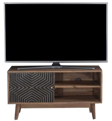 Clearance Luxuria Sheesham Wood 100cm Tv Unit With Black Geometric Trim