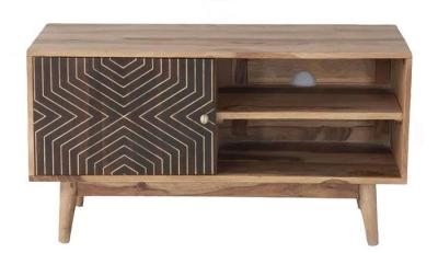 Clearance Luxuria Sheesham Wood 100cm Tv Unit With Brown Geometric Trim