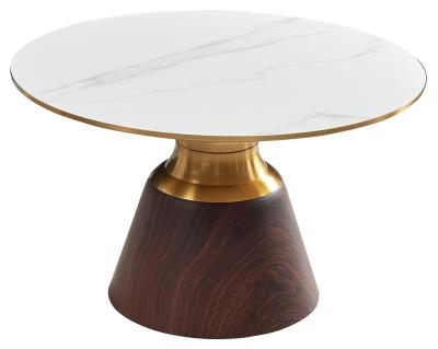 Hourglass White Ceramic Round Coffee Table With Walnut Base And Gold Trim