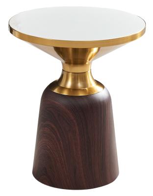 Hourglass White Ceramic Round Side Table With Walnut Base And Gold Trim