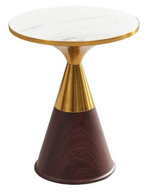 Hourglass White Ceramic Round Side Table With Walnut Base And Gold Trim