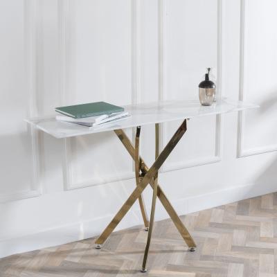 Product photograph of Chopstick White Glass Console Table With Gold Metal Chopstick Legs from Choice Furniture Superstore