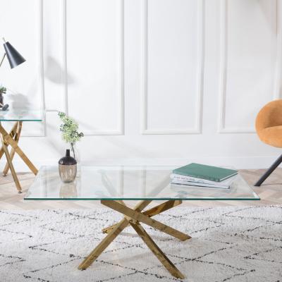 Product photograph of Chopstick Clear Glass Coffee Table With Gold Metal Chopstick Legs from Choice Furniture Superstore