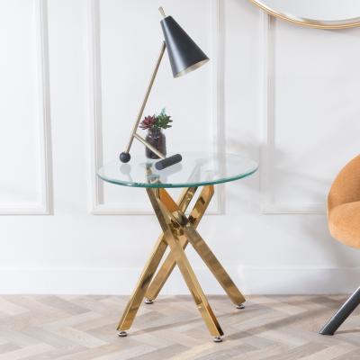 Product photograph of Chopstick Clear Glass Round Side Table With Gold Metal Chopstick Legs from Choice Furniture Superstore