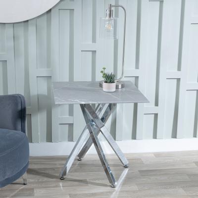 Product photograph of Chopstick Grey Glass Square Side Table With Chrome Metal Chopstick Legs from Choice Furniture Superstore