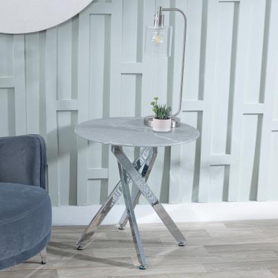 Product photograph of Chopstick Grey Glass Round Side Table With Chrome Metal Chopstick Legs from Choice Furniture Superstore