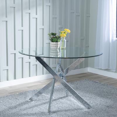 Product photograph of Chopstick Clear Glass 4 Seater Round Dining Table With Chrome Metal Chopstick Legs from Choice Furniture Superstore