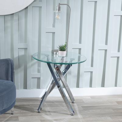 Product photograph of Chopstick Clear Glass Round Side Table With Chrome Metal Chopstick Legs from Choice Furniture Superstore