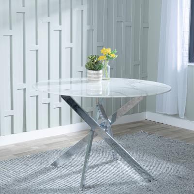 Product photograph of Chopstick White Glass 4 Seater Round Dining Table With Chrome Metal Chopstick Legs from Choice Furniture Superstore